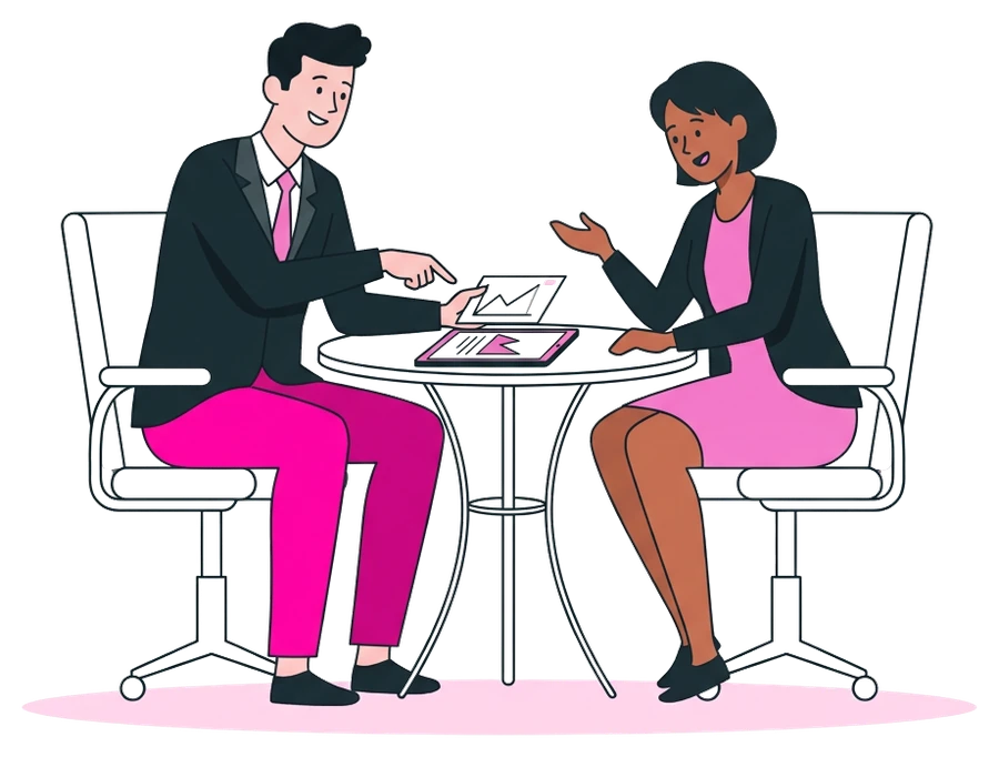 Illustration of a consultant and client discussing a project together